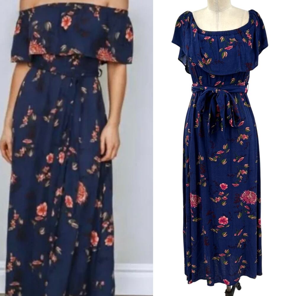 Baltic Born Marion Maxi Dress Off the Shoulder Floral Print Blue Size Small
